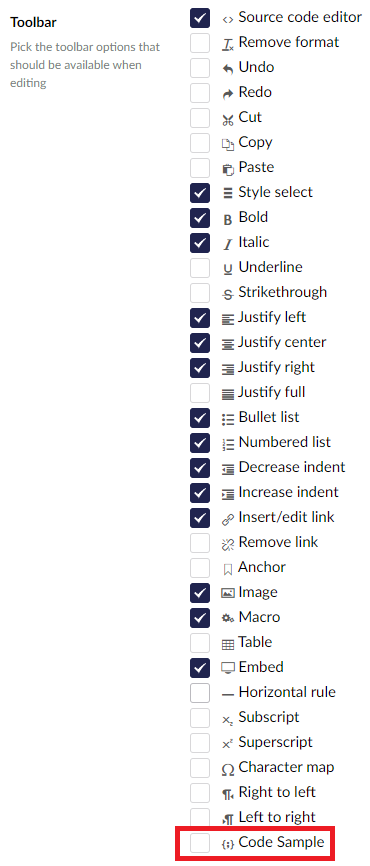 Code Sample option shown in the RTE configuration