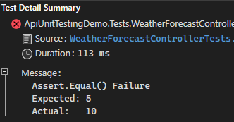 Test failure message showing expected result and actual result