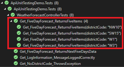 Screenshot of Test Explorer showing 4 passing tests from a single test method