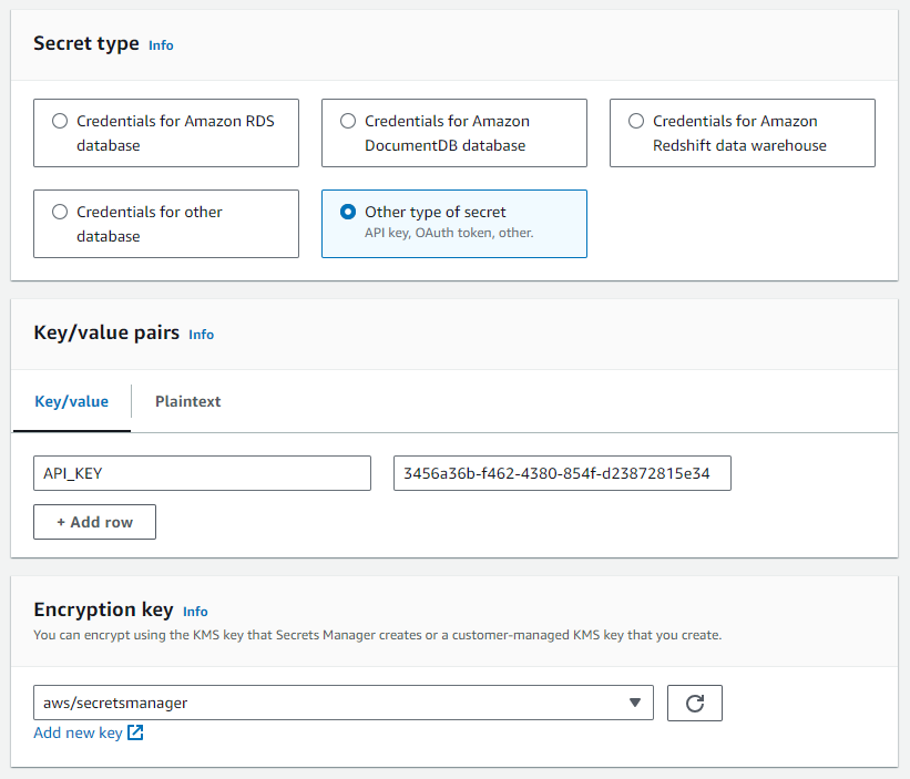 Add a secret to AWS using the console