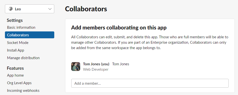 Add team members as collaborators to your Slack app