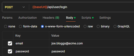 Username/password authentication using the request body