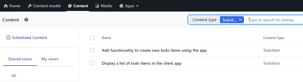 List of todo items shown in Contentful