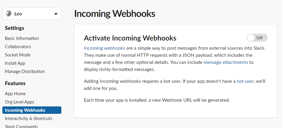 Activate Incoming Webhooks in your Slack app