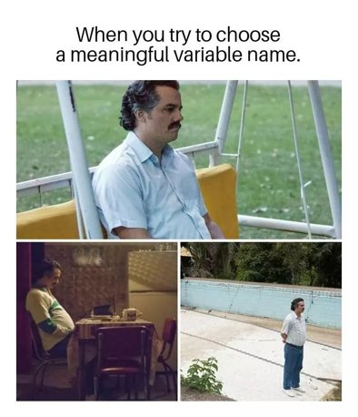 Meme panel showing an actor playing Pablo Escobar lost in thought in various locations, with the caption "when you try to choose a meaningful variable name"