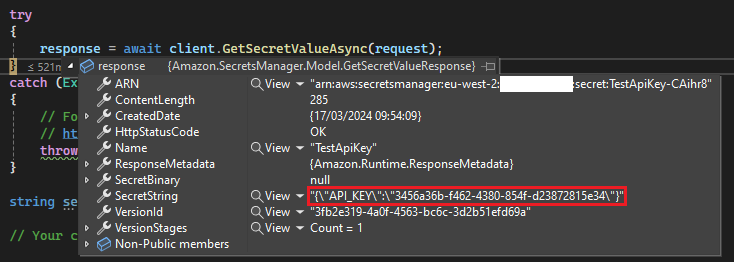 Secrets Manager response using the AWS SDK