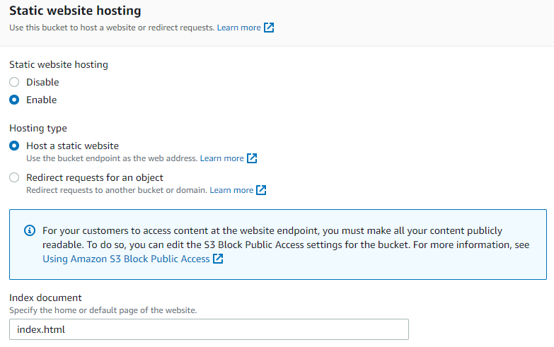Static website hosting bucket properties