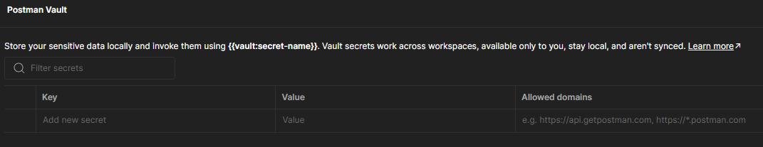 Secure credentials locally using the Postman Vault