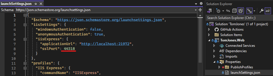 launchSettings.json file with the port property underlined