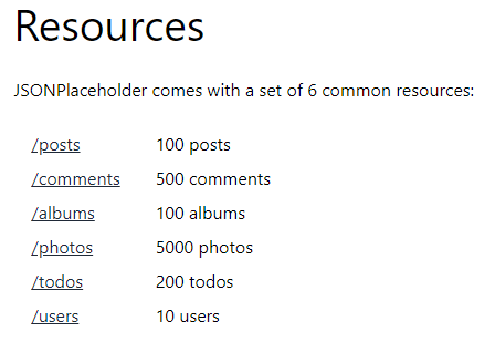 A list of the resources available to use with the JSON Placeholder API